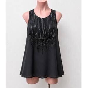MLV Black Sequin & Beads Round Neck Sleeveless Keyhole Back Tank Blouse M